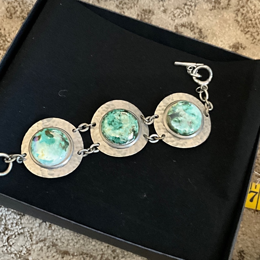 Silver-Tone Bracelet with Green Marbled Stone Accents